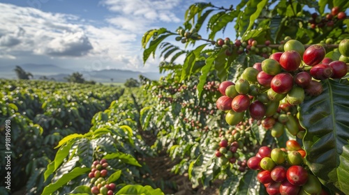 Coffee trees on plantation. The best selected coffee beans are still fresh and ready to be harvested. 