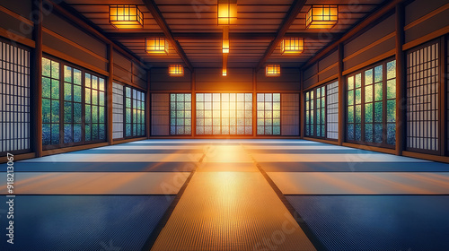 Serene atmosphere pervades an empty judo dojo, soft lighting illuminates pristine tatami mats, awaiting the next match in a space of focused athleticism and mental discipline