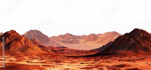 Red desert landscape with mountains in the distance. A panoramic view of a vast desert with red sand dunes and rugged mountains.