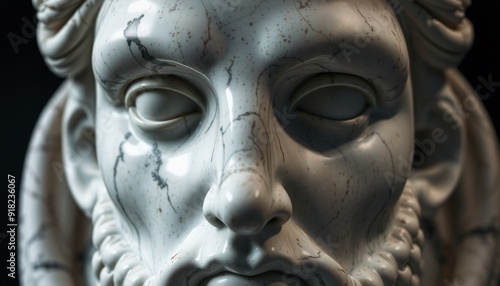 close-up of a classical statues face marbled texture accentuated by strategic lighting showcasing vanitas themes positioned against a dark backdrop to enhance its dramatic