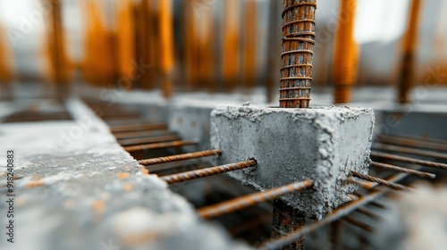 Close-up of a construction section with visible reinforced concrete bars, showing the intricate details of structural engineering, perfect for architectural content.