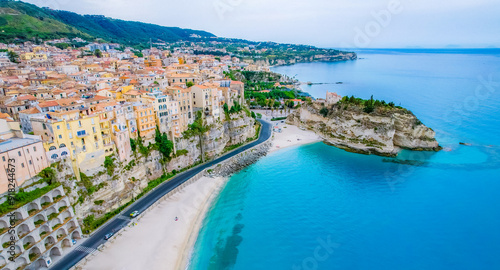 Tropea, Calabria, Italy. Church of Santa Maria dell'Isola. Monastery and coastline with azure crystal-clear water