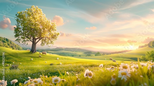 Scenic landscape with a lone tree and blooming flowers on a sunny day, perfect for nature and relaxation concepts.