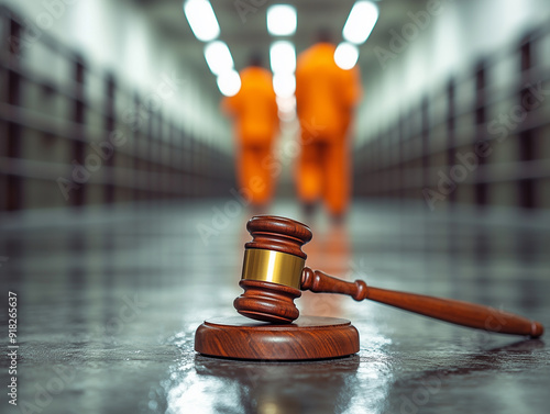 A gavel rests on a polished surface in a prison corridor as two inmates walk in orange jumpsuits in the background