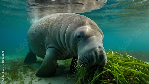 dugong swimming undersea eating seagrass