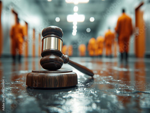 Gavel on courtroom bench with blurred prisoners in orange jumpsuits in the background