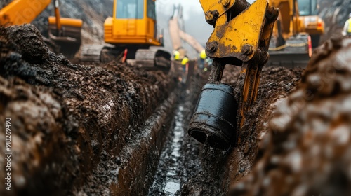 An excavator digs a muddy trench in a construction site, showcasing the heavy machinery and labor involved in site preparation amidst rough and wet terrain conditions.