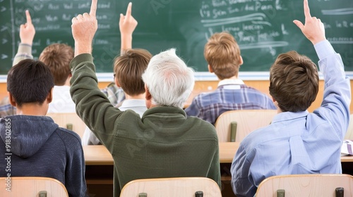 in a classroom, there are many students, from back side shot