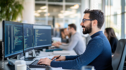 Software engineer in a collaborative workspace, writing and testing code on dual monitors, surrounded by team members discussing and brainstorming, reflecting a dynamic and forward