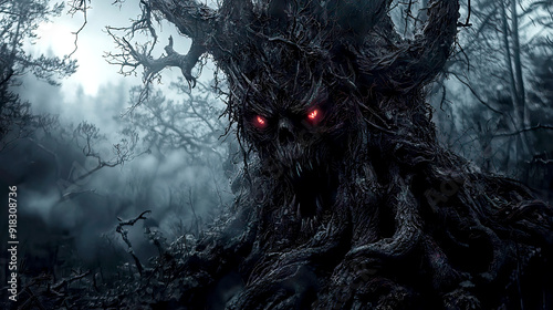 Dark gloomy Halloween tree monster in a haunted nightmare forest, sinister evil menacing horror, glowing eyes twisted branches in mist