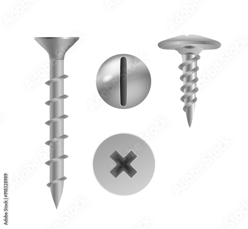 Metallic Screws And Fasteners Including Flathead And Crosshead Designs. Perfect For Construction, Repair And Design