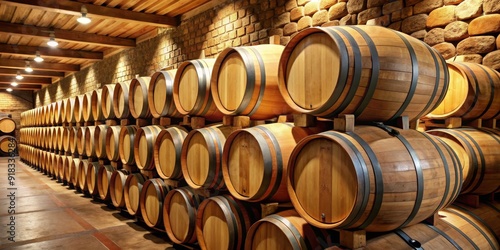 Wine Cellar - Wooden Barrels Stacked in a Row, Stone Wall, Warm Lighting, Winemaking, Winery, Cellar, Barrels