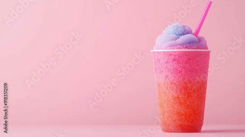 Colorful slush beverage with a pink straw, Generative AI, playful and refreshing drink concept against a solid pink backdrop