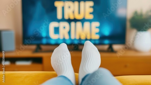 A person sitting in front of the TV at home and watching a show that says "TRUE CRIME" on the screen. First point of view with feet on foreground.