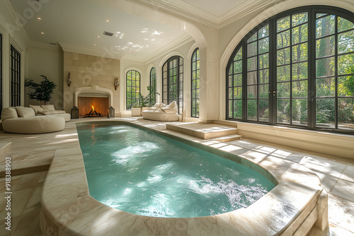 Salon d'une grande maison de luxe avec piscine et cheminée