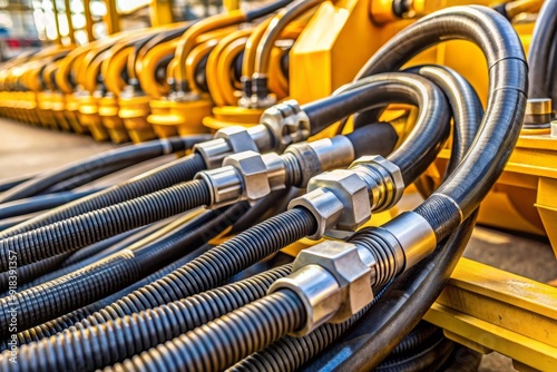 Rugged hydraulic hoses with integrated pressure sensor and fittings, monitoring oil flow and pressure in industrial, construction, or heavy machinery applications.