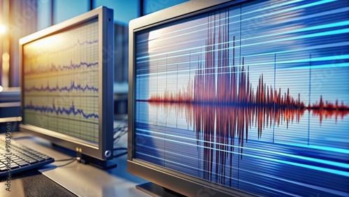 Seismic waves pattern on monitor screen displaying earthquake intensity reading, providing vital data for scientists to analyze and predict seismic activity and natural disasters.