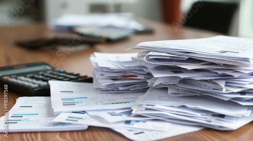 Stacks of neatly organized bills and receipts on a desk, with a calculator and notepad beside them