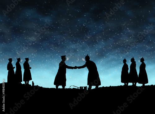 World War One Silhouettes of German and British Soldiers Shaking Hands During 1914 Christmas Truce Below Snowy Winter Cloudy Skyline At Dusk or Dawn