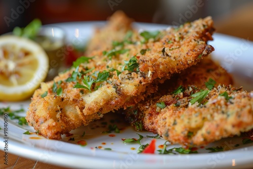 Crispy golden fried fish garnished with fresh parsley, served with a lemon wedge