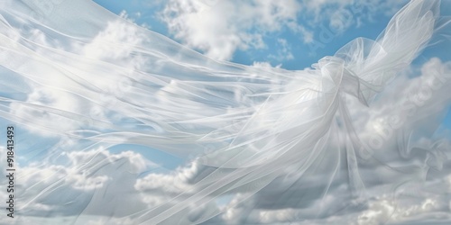 White Fabric Flowing in the Wind Against a Cloudy Sky