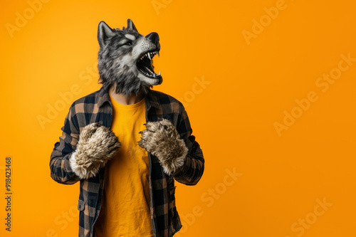 Man wearing werewolf costume for halloween with plaid shirt and fur gloves on orange background. 