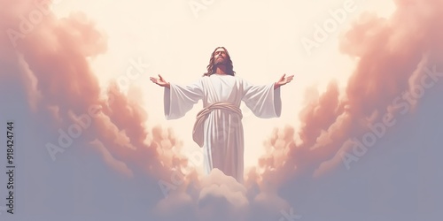 minimalistic design jesus opening the skyes close up view illustration, receiving blessings from god,