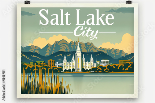 Captivating vintage poster of Salt Lake City depicting the iconic temple and mountainous backdrop in a serene color palette.