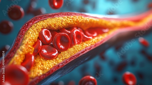 Detailed close-up of cholesterol plaque buildup in an artery, illustrating blood flow obstruction with red blood cells and lipid deposits