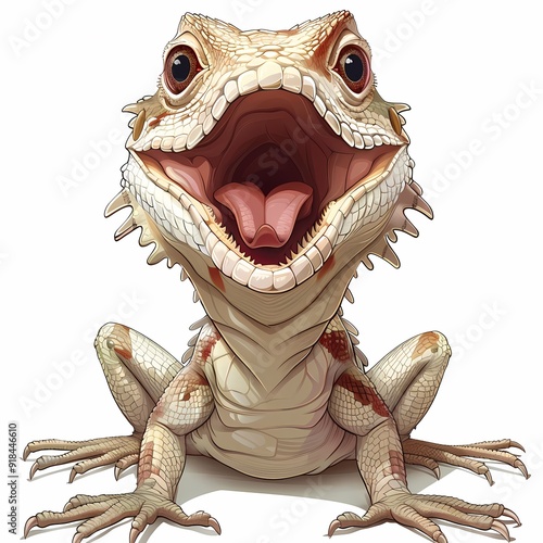 A cartoon bearded dragon with its mouth open, tongue sticking out, and a happy expression.