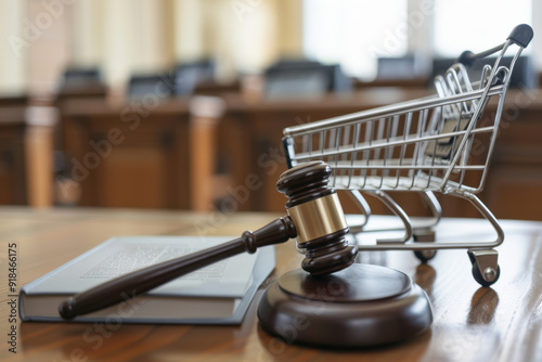 Gavel and shopping cart on a table, symbolizing online shopping, e-commerce laws, and consumer rights in a digital marketplace.