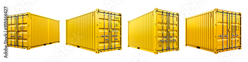 Collection of Yellow cargo containers isolated on transparent background