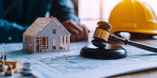 A gavel placed carefully on top of an architectural design sheet, with a construction helmet leaning against a miniature house, representing legal aspects of construction safety