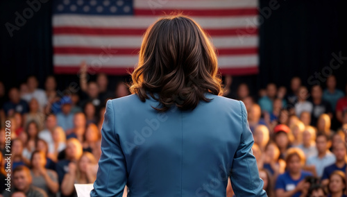 Female presidential candidate to the crowd at a rally. Democrat female politician giving a speach to her supporters at political rally. 