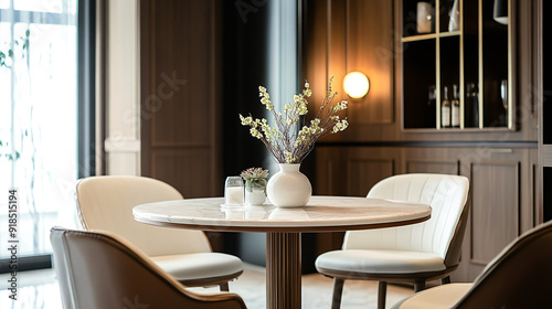 Elegant dining room with a wooden table, chairs, and stylish decor