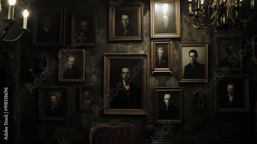 Dimly Lit Antique Gallery with Portraits of Victorian Men on Dark Walls