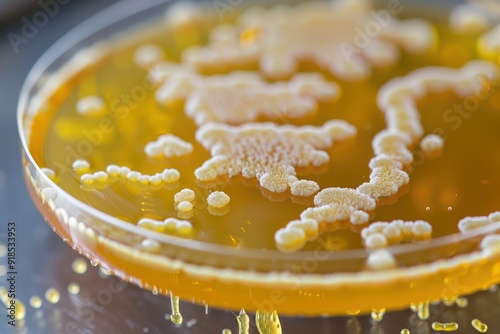 Close-up of bacteria growing in petri dish. Penicillin 