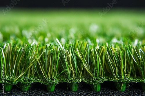 A closeup reveals the lush texture of artificial turf grass on a soccer field, highlighting its vibrant green color and realistic appearance under daylight