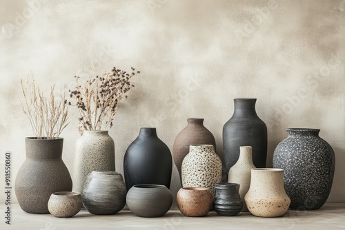 A collection of vases and bowls featuring various textures is neatly arranged on the floor, enhanced by soft, natural light illuminating their elegant designs