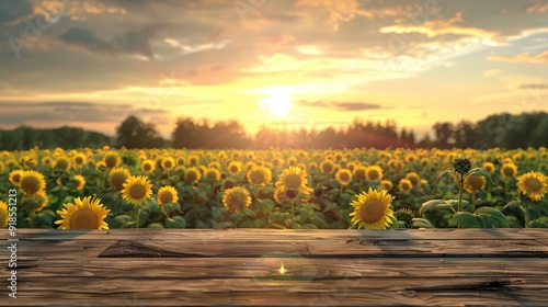 Wooden table with wood podium whit Sunflower field landscape and sunset in the background