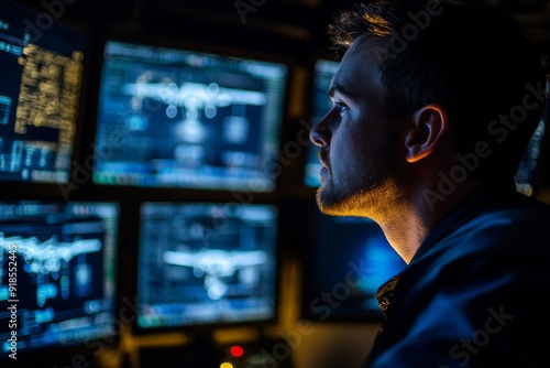 A technician closely observes a drone's flight path displayed on several computer screens while working in a control room at dusk