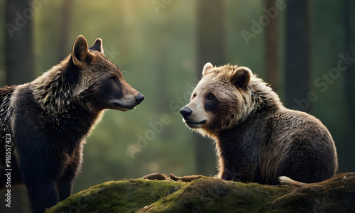 Brown bear and wolf interacting in green forest