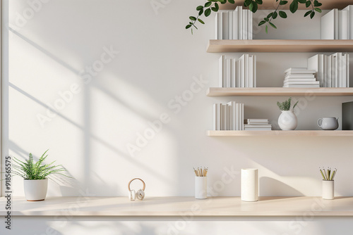 Office interior backdrop for online meetings. Light home office setting bookshelves background. Minimalist online workspace aesthetics. Video conferencing room design in pastel tones.