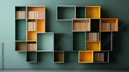 A artistic and modern bookshelf featuring a variety of colorful boxed shelves arranged on a teal wall, filled with books creating a contemporary decor aesthetic.