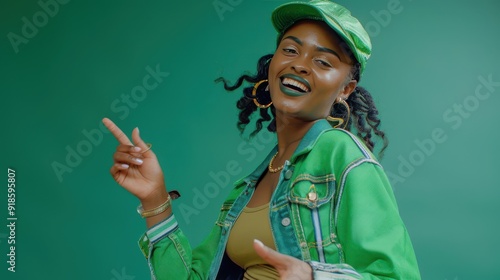 Happy young woman in green jacket and cap indoors