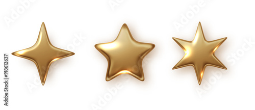 Golden star isolated. Christmas stars of various shapes. Realistic 3d metallic golden design element