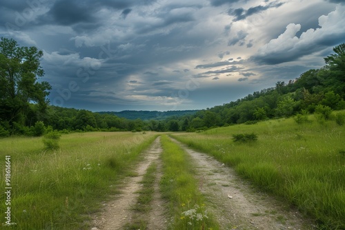 painting of dirt road in field, dissipation of dark clouds revealing clear, peaceful sky, analogizing the clearing of mental clutter