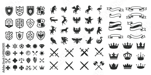 Heraldic Animals, shields logos, retro ribbons, luxury logo symbols, crown and swords icons. Heraldic Crest Logos elements set. Vector illustration