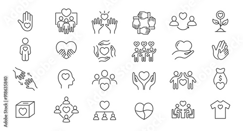 Charity icons set. Donation, volunteer help, altruism, philanthropy, helping hands. Vector