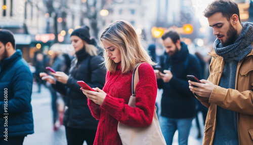 crowd of people walking on a city street, each holding a phone and looking at it. The image represents social media addiction, mobile device usage, and wireless data transfer concepts.